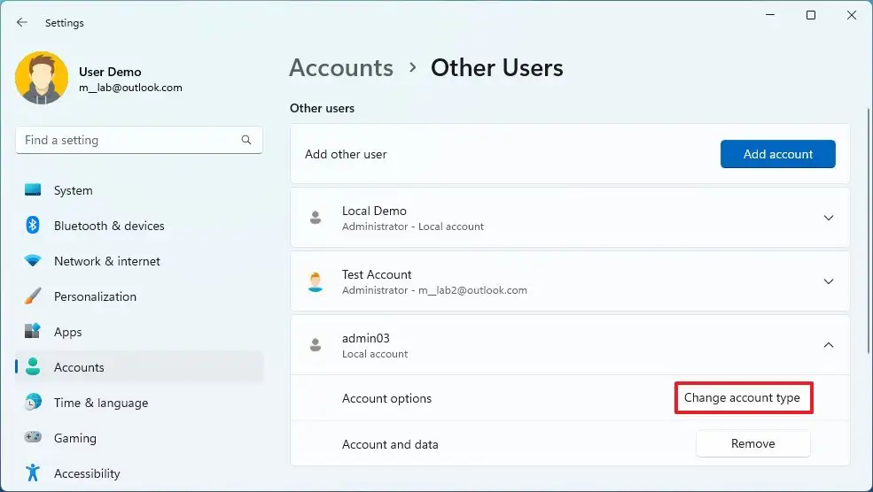 روی دکمه Change account type کلیک نمایید.